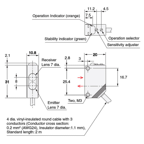 Diffuse Reflective Sensor - Infrared, Long Range (1m max. Sensing Distance)  for Part Ejection
