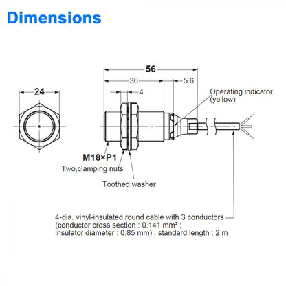 Proximity Sensor - 18 mm Diameter, Shielded, Normally Open - PNP