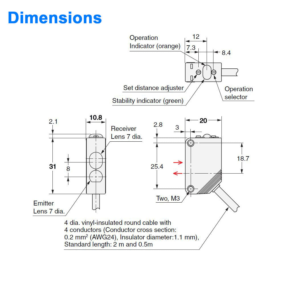 Distance-Settable Reflective Sensor - Visible Light, 20 to 80 mm Sensing Distance -  For detecting parts near a background