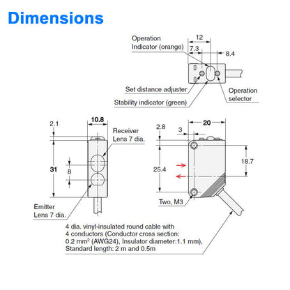 Distance-Settable Reflective Sensor - Visible Light, 20 to 80 mm Sensing Distance -  For detecting parts near a background